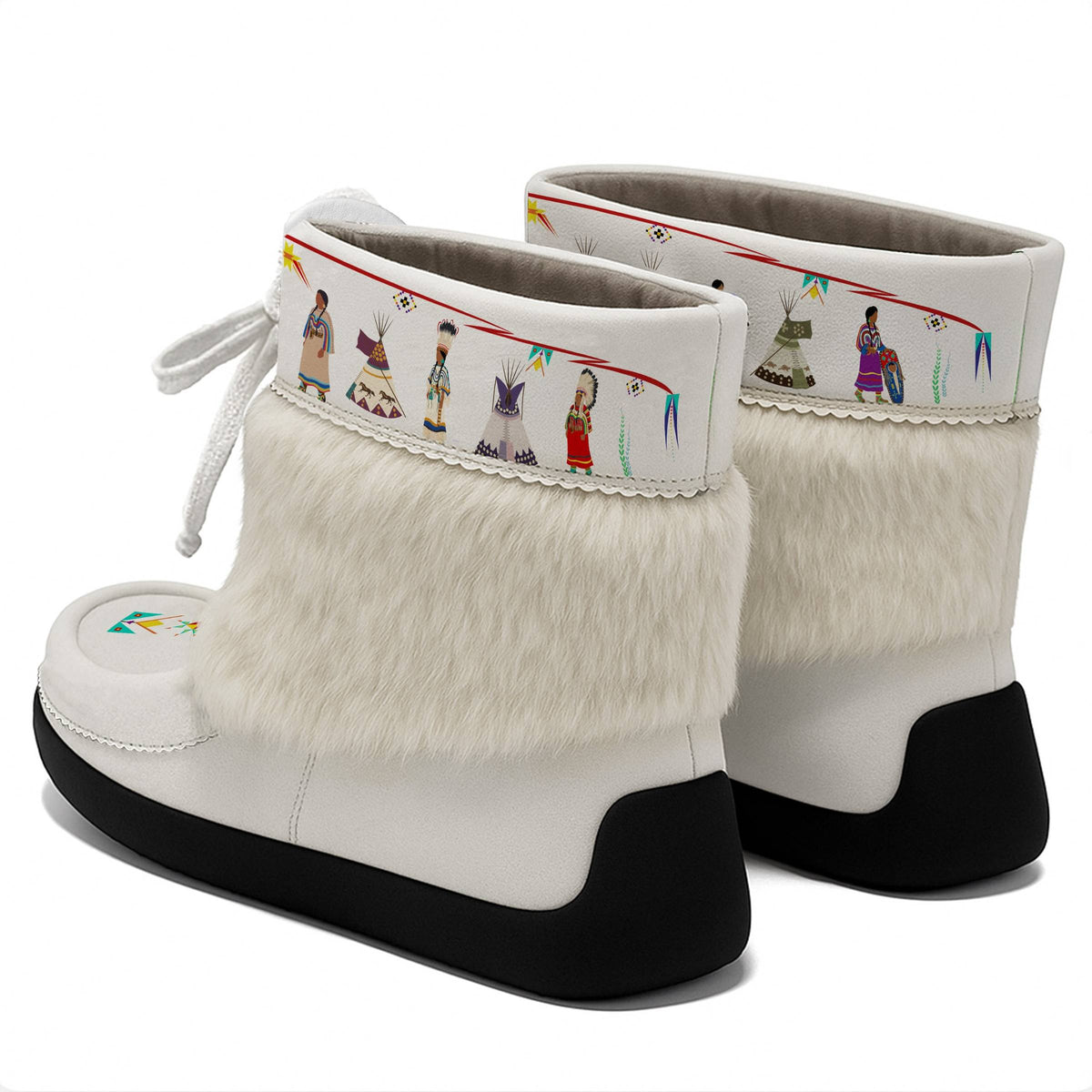 Blackfoot Line white ankle MocLux (white fur) pair from behind at an angle, fur band above the heels