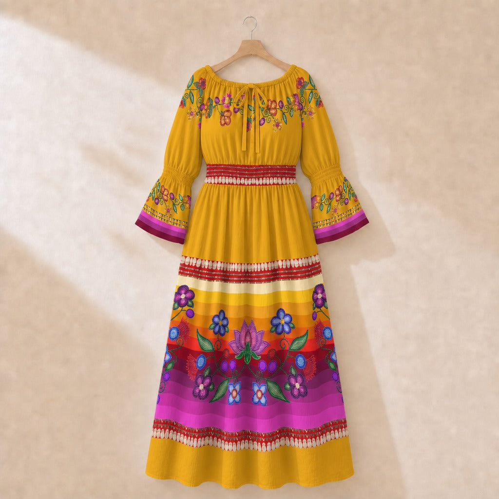 Boreal Bounty Yellow 1 Smocked Waist Peasant Dress