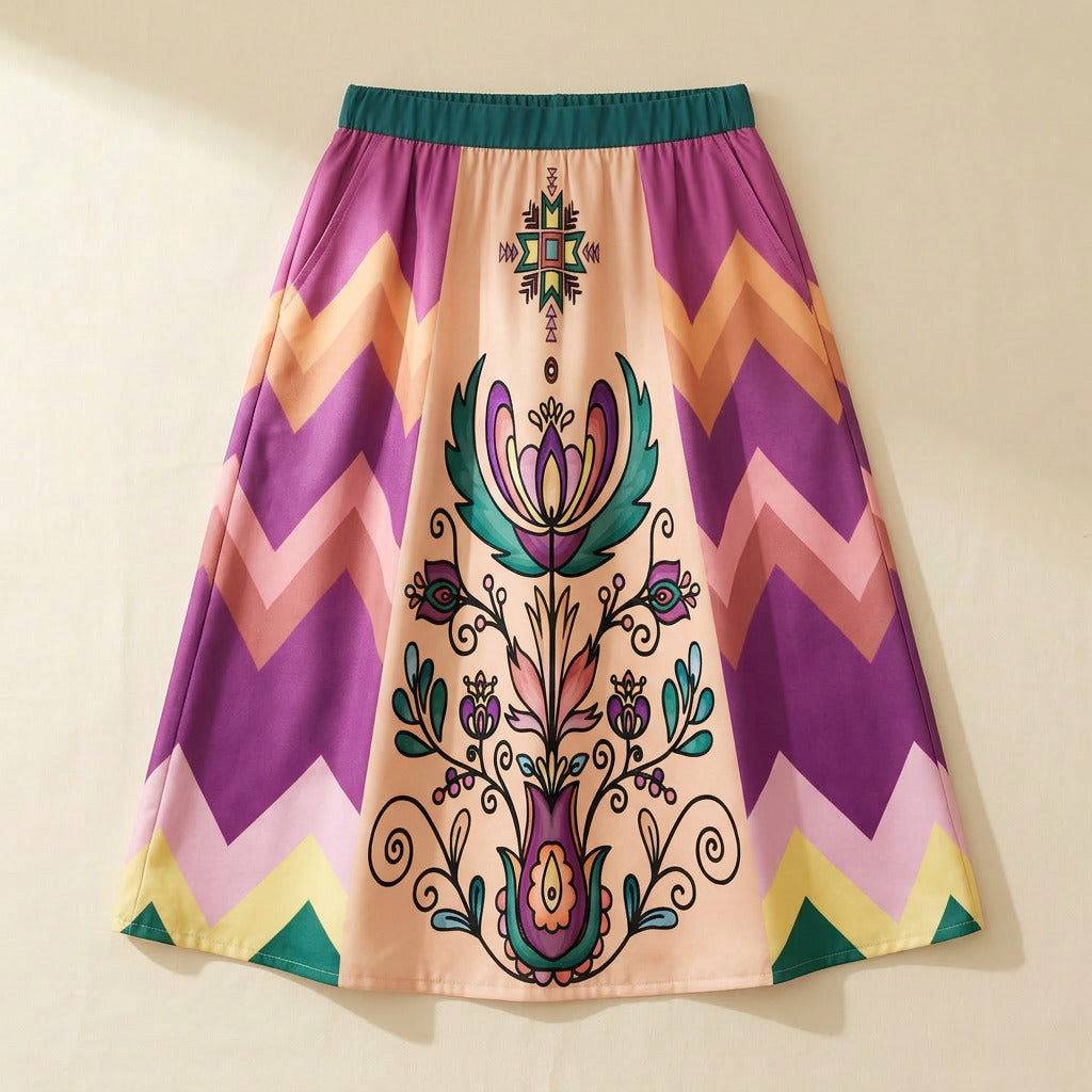 Cedar Wind Bloom Elastic Waist Pocket Midi Skirt