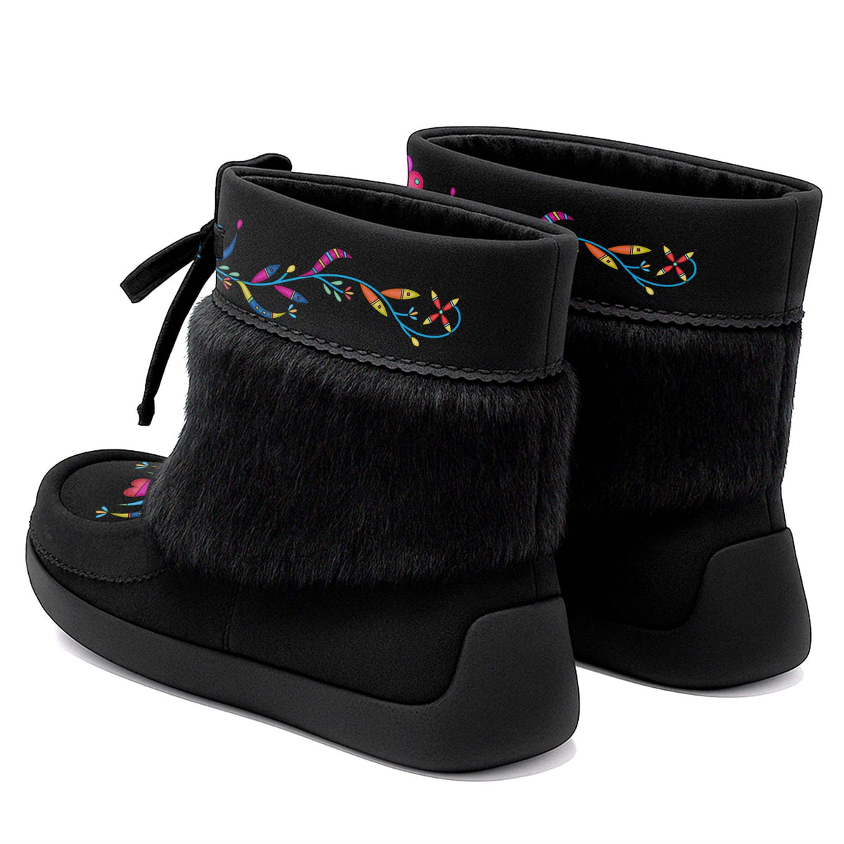 Cradle Creek Black Leather MocLux Ankle with Black Fur, back view of a pair with a cuff printed with a blue and pink flower vine