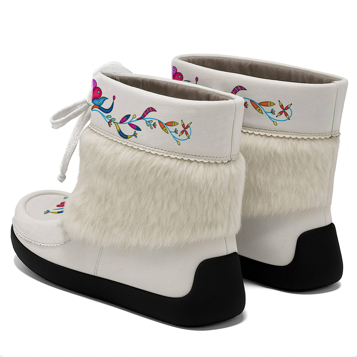 Cradle Creek Radiance white ankle MocLux (white fur) pair from behind at an angle, fur band above the heels