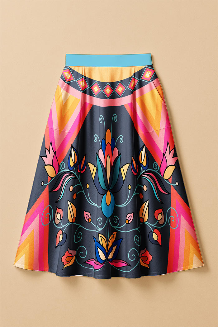 Ember Trail Bright Elastic Waist Pocket Midi Skirt