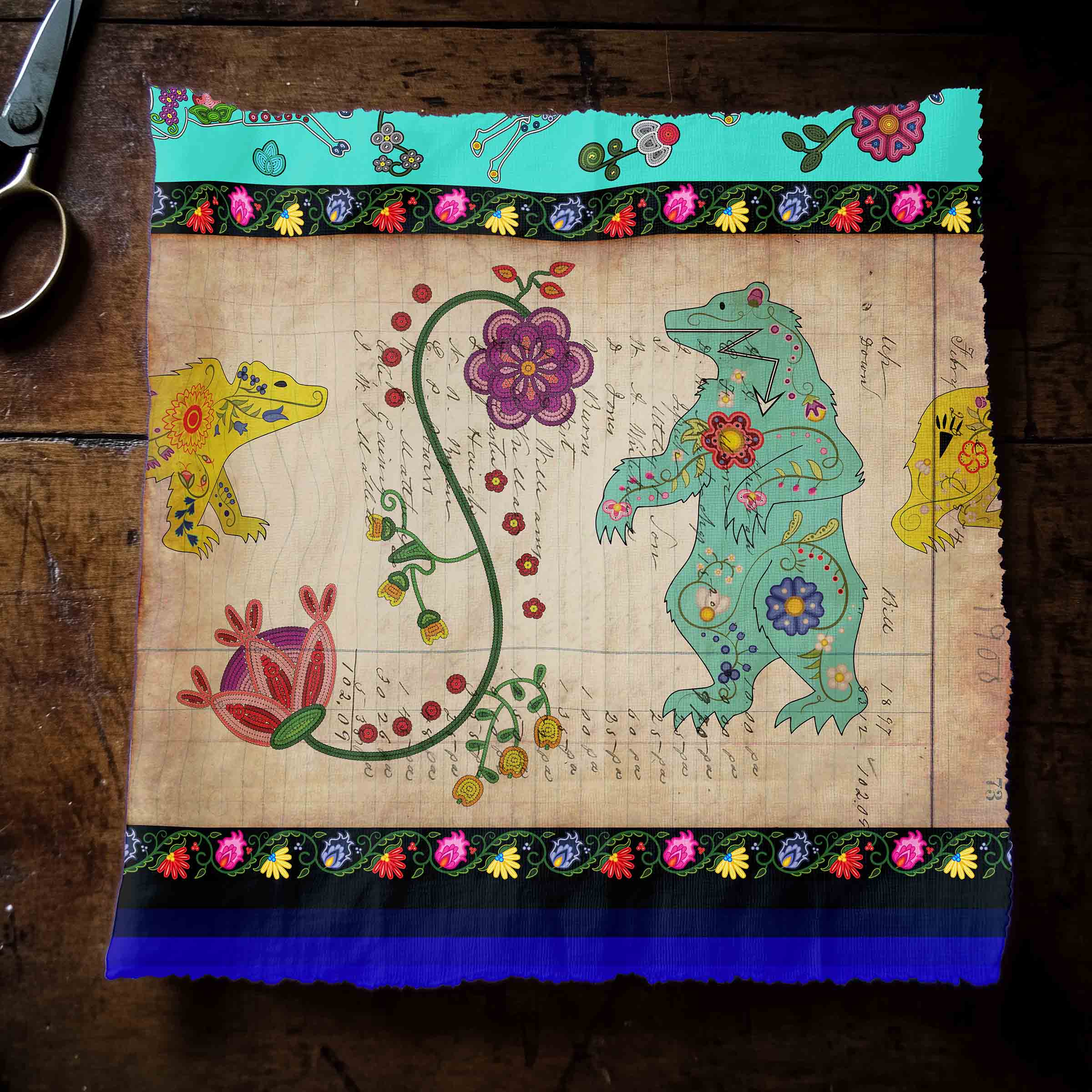 Floral Ledger Bear Turquoise 42 Inch Cotton Poplin Pre Order