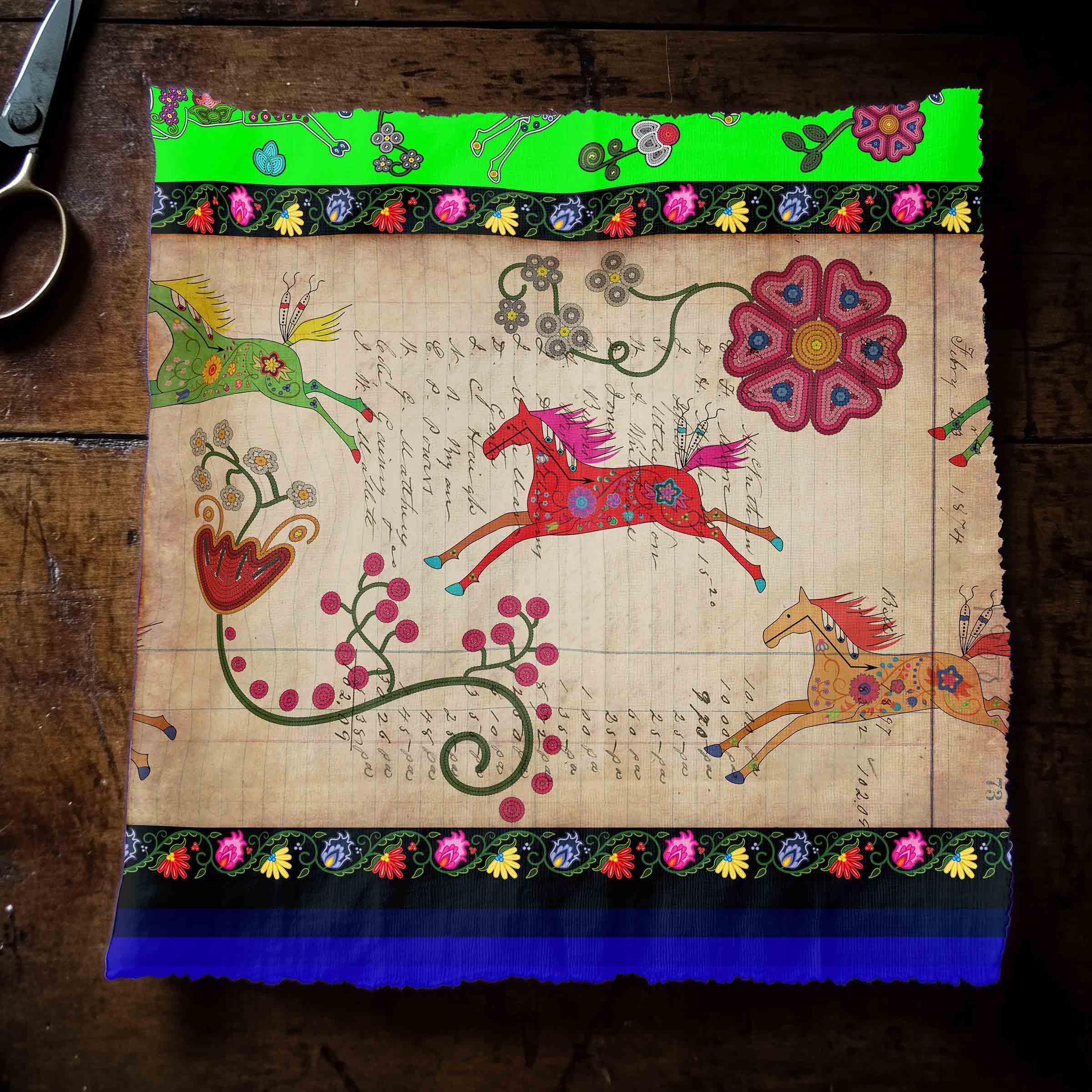 Floral Ledger Horse Neon Green 42 Inch Cotton Poplin Pre Order
