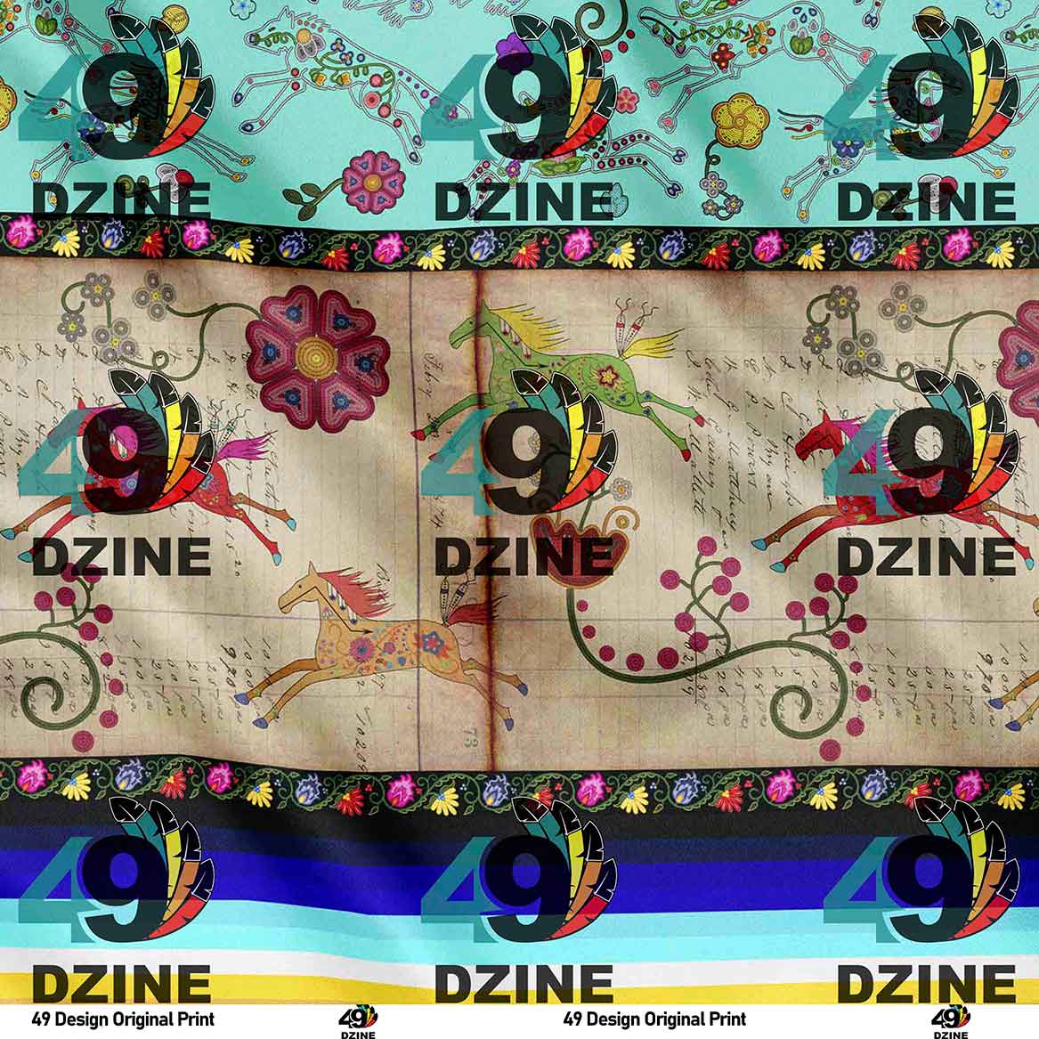 Floral Ledger Horse Turquoise 56 Inch Cotton Poplin Pre Order