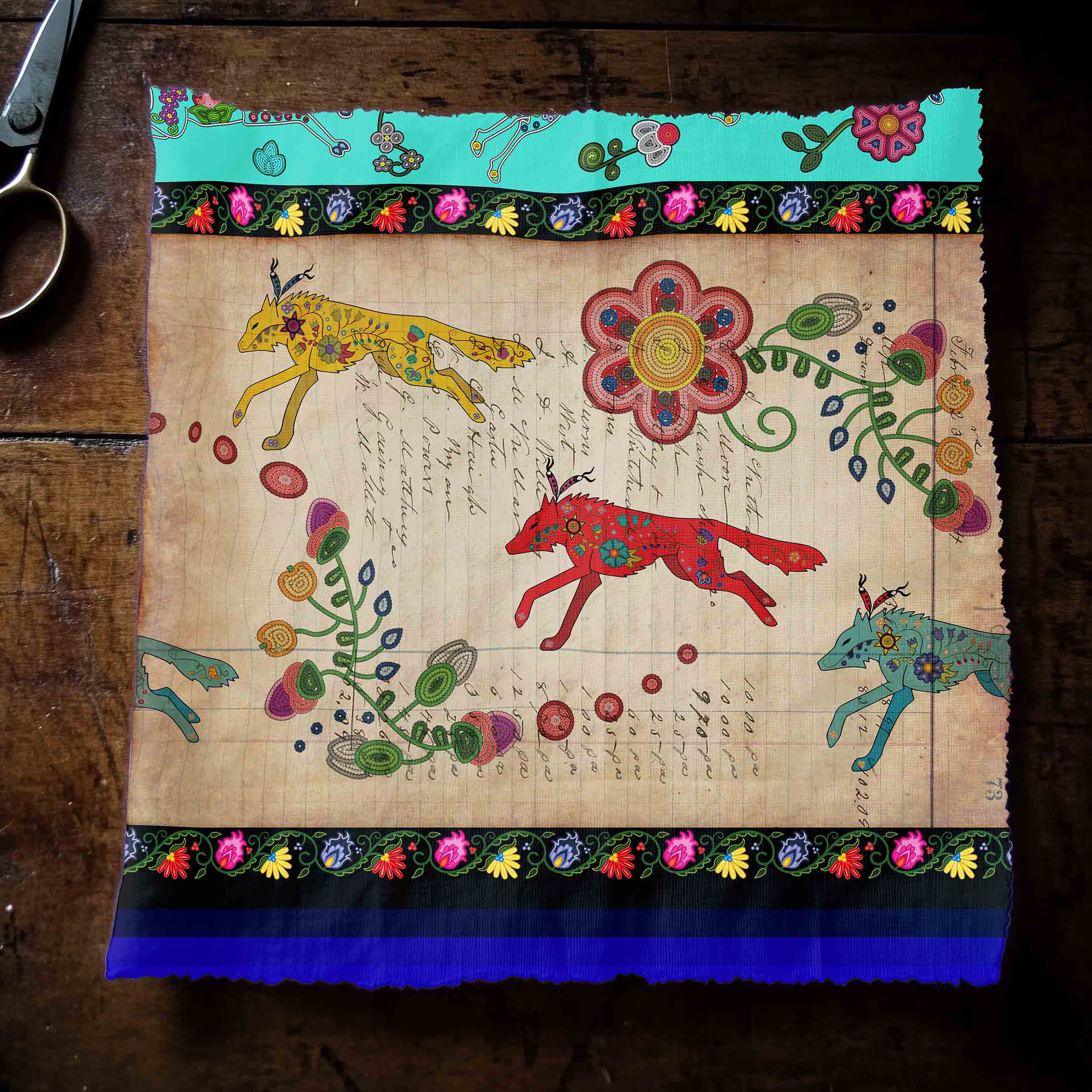 Floral Ledger Wolf Turquoise 42 Inch Cotton Poplin Pre Order