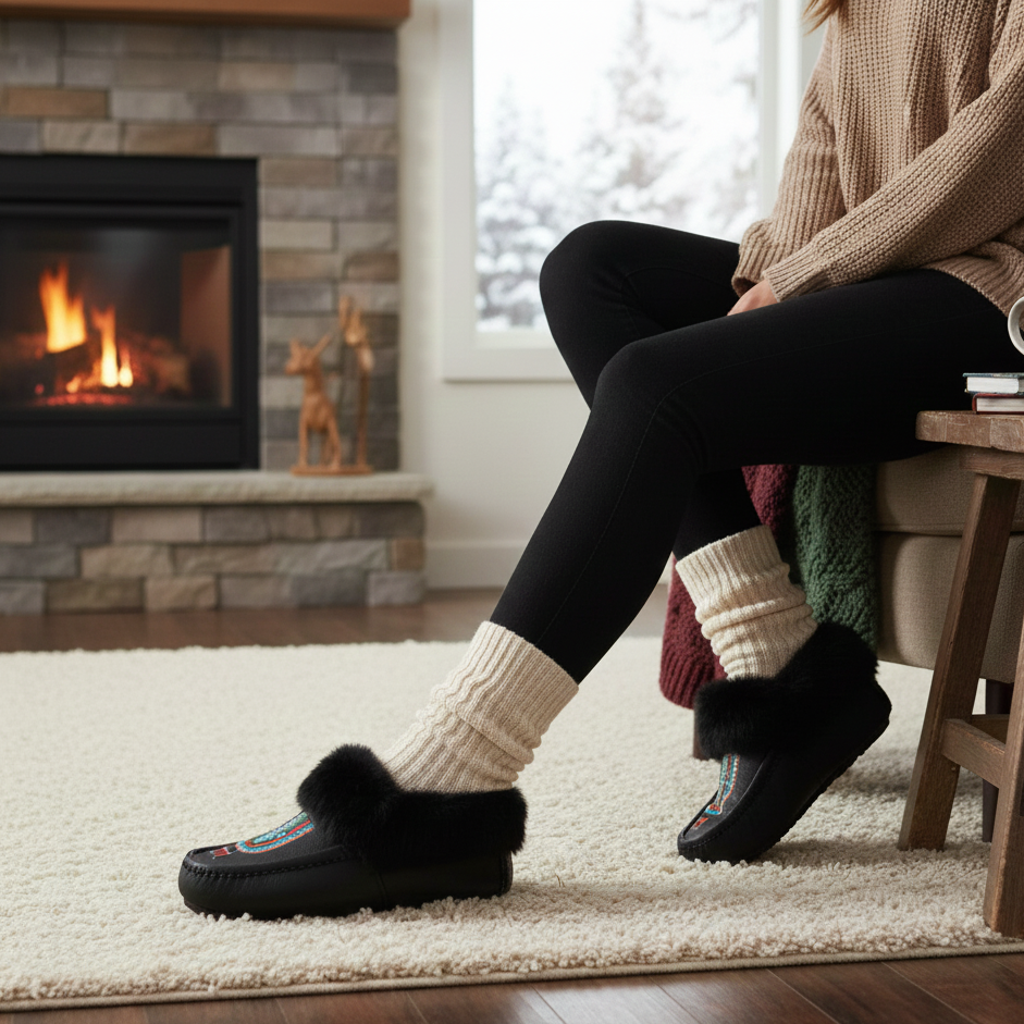 River Hold Black Leather Black Fur Moccasin