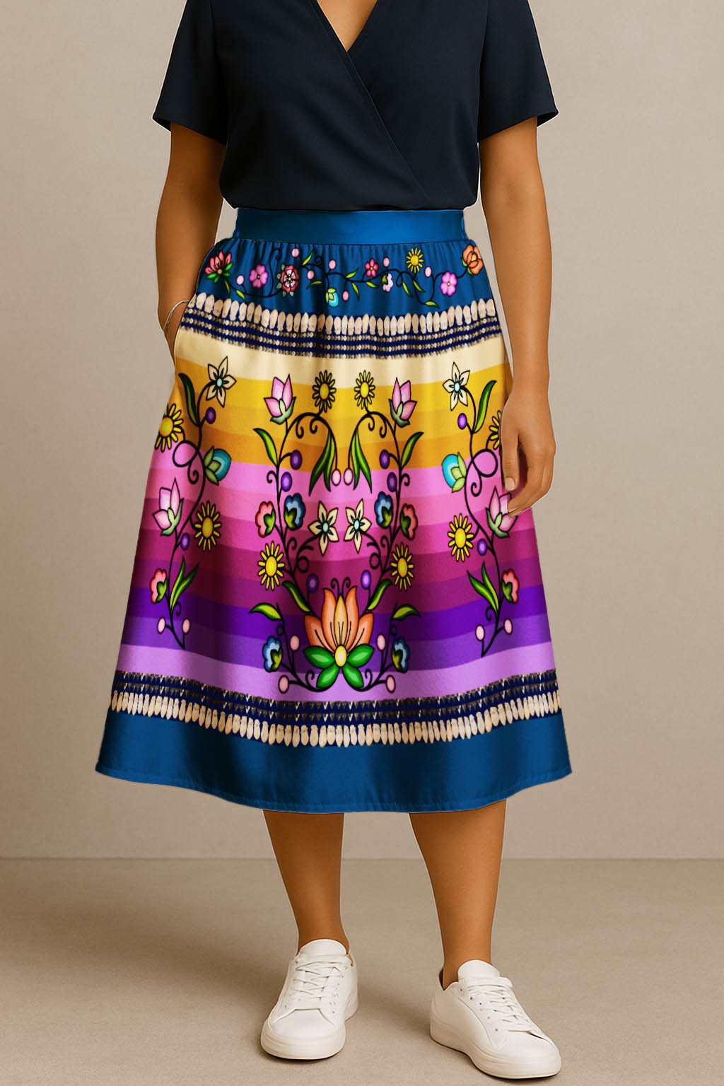 Grandmother Legacy Dark Blue 1 Elastic Waist Pocket Midi Skirt