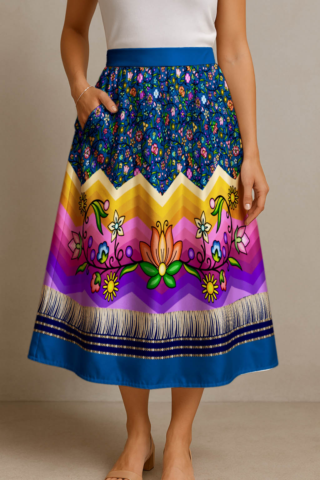 Grandmother Legacy Dark Blue 3 Elastic Waist Pocket Midi Skirt