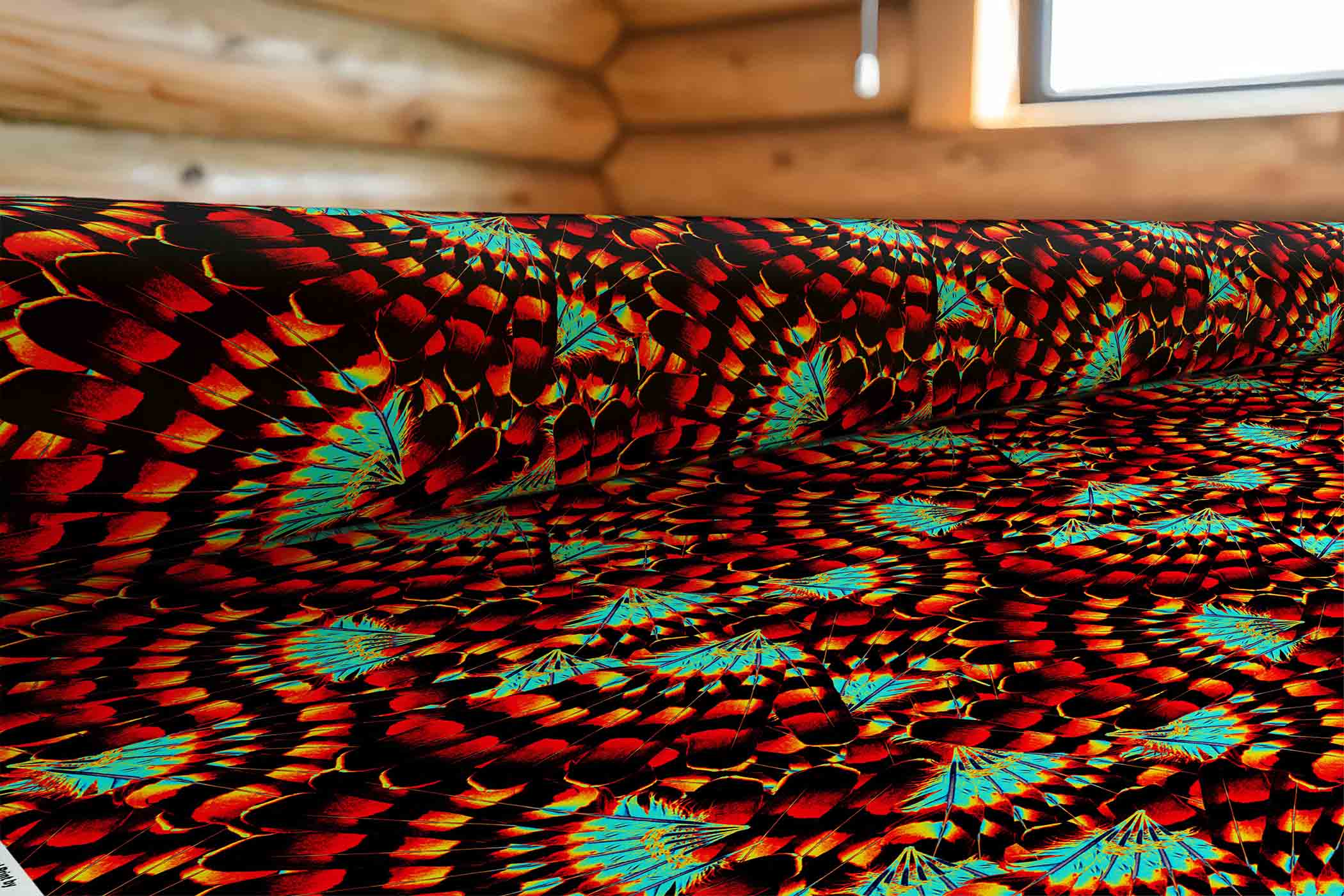 Hawk Feathers Fire and Turquoise Satin Fabric By the Yard Pre Order