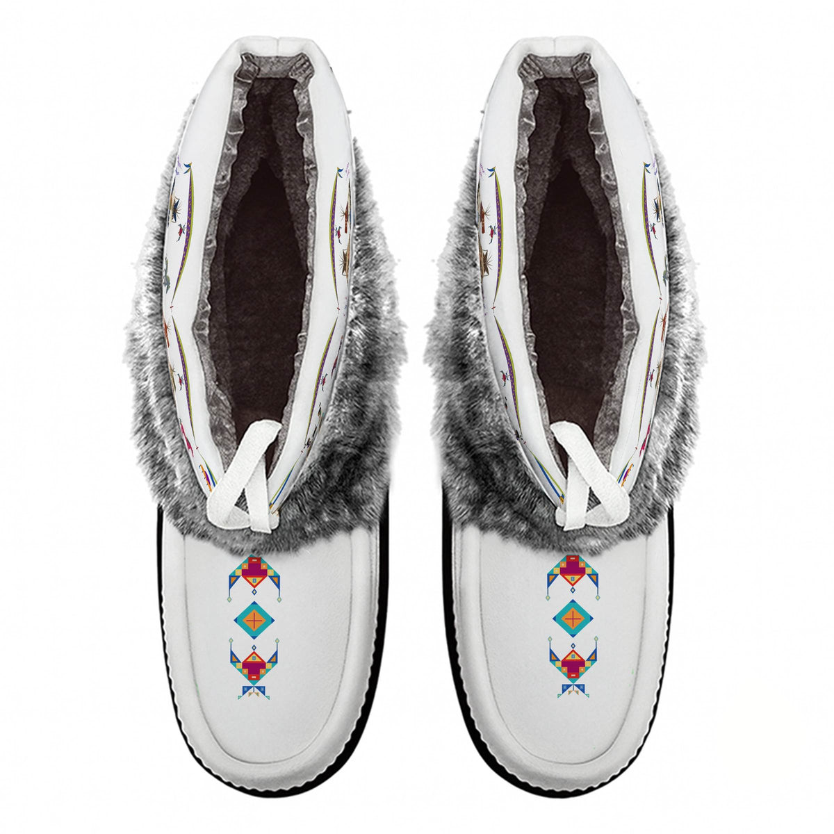 Legacy of the Rainy Chief White Leather MocLux Ankle with Grey Fur from above, sherpa lining, white ties and printed toe design