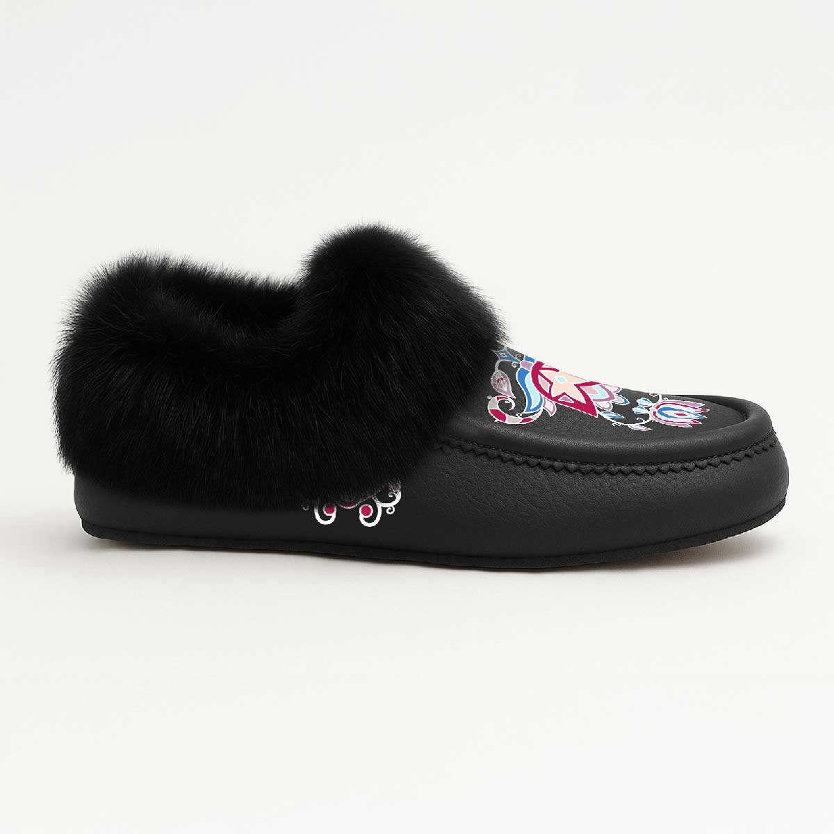 Northern Ember Black Leather Black Fur Moccasin