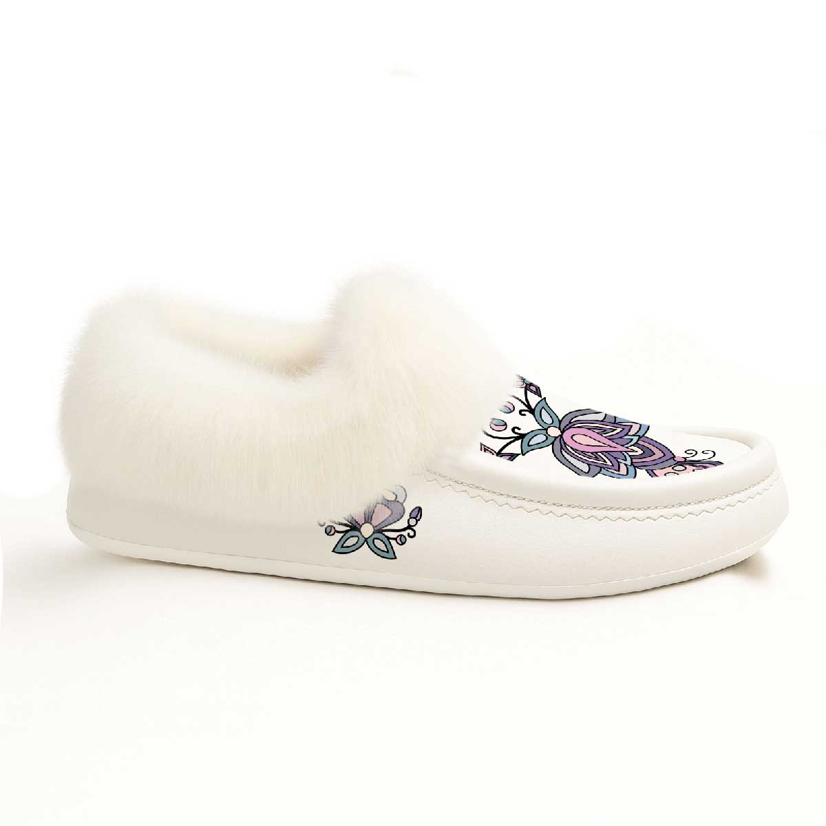 Snow Petal Spirit White Leather White Fur Moccasin
