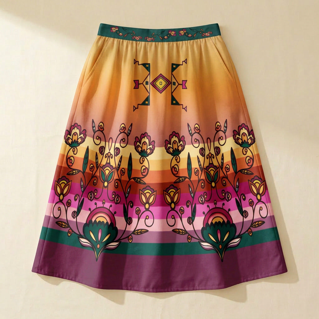 Maple Shine Ribbon Rose Elastic Waist Pocket Midi Skirt