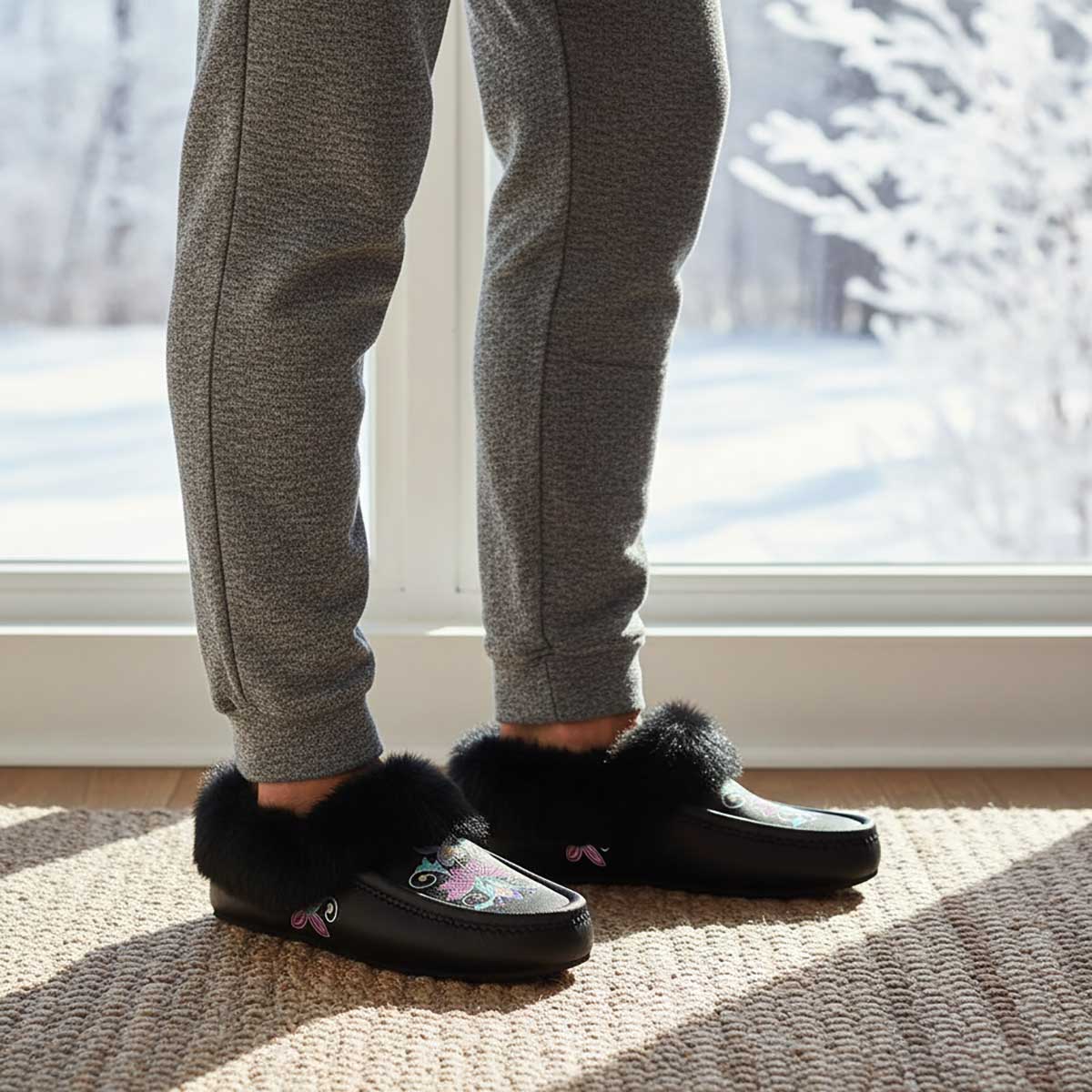 Moonlit Frost Black Leather Black Fur Moccasin