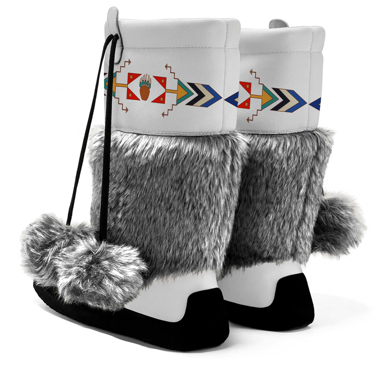 Morning Star Bear White MocLux Calf with Grey Fur pair from behind, grey fur and pom-poms