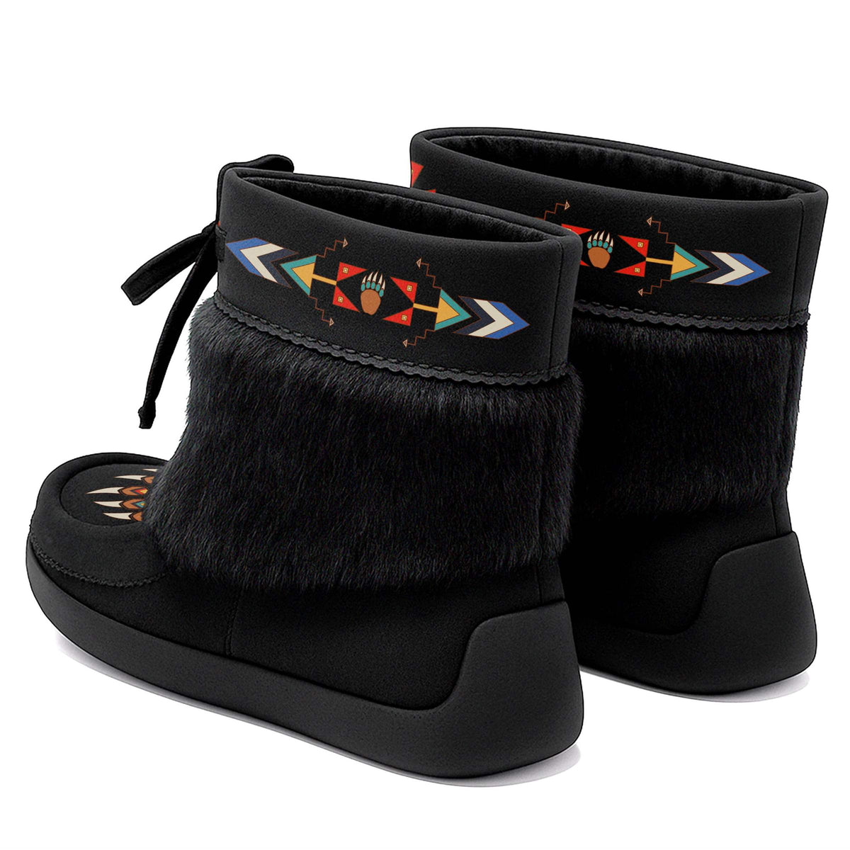 Morning Star Black Leather MocLux Ankle with Black Fur, back view of a pair with a cuff printed with red, gold and turquoise arrows around a bear paw