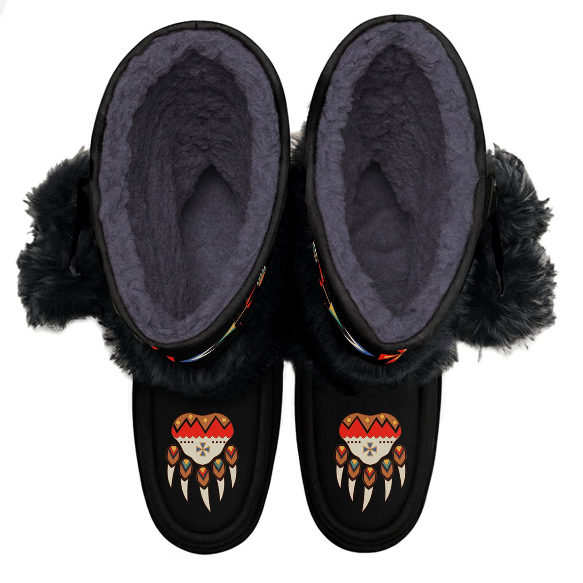 Morning Star Bear Black MocLux Calf with Black Fur from above, soft lining and bear paw and arrow toe print