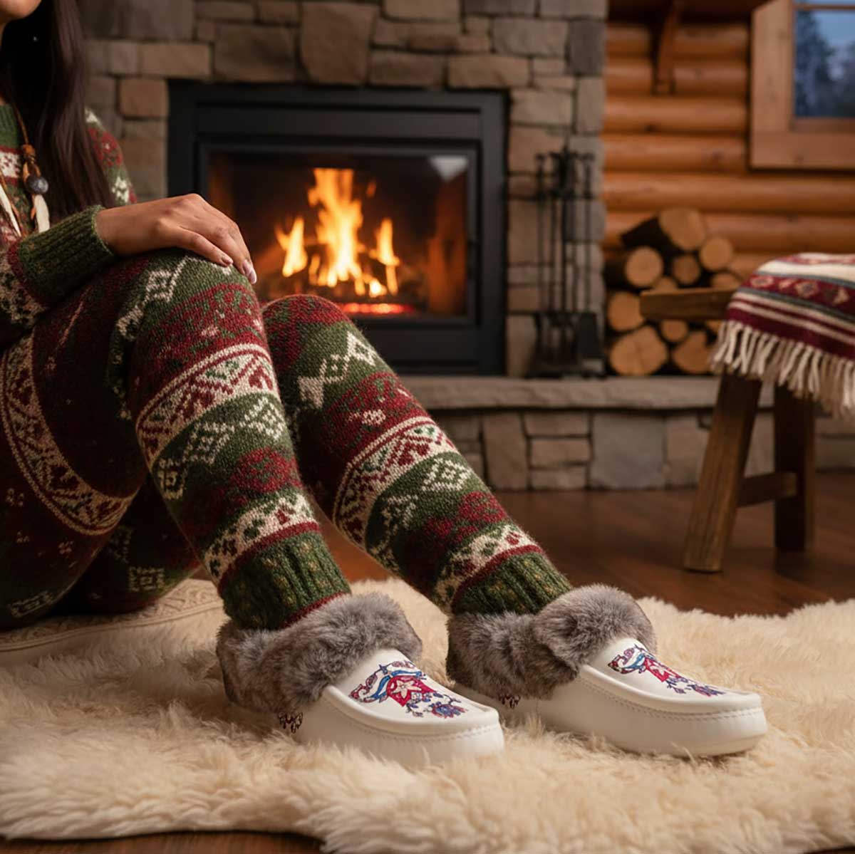 Northern Ember White Leather Mottled Fur Moccasin