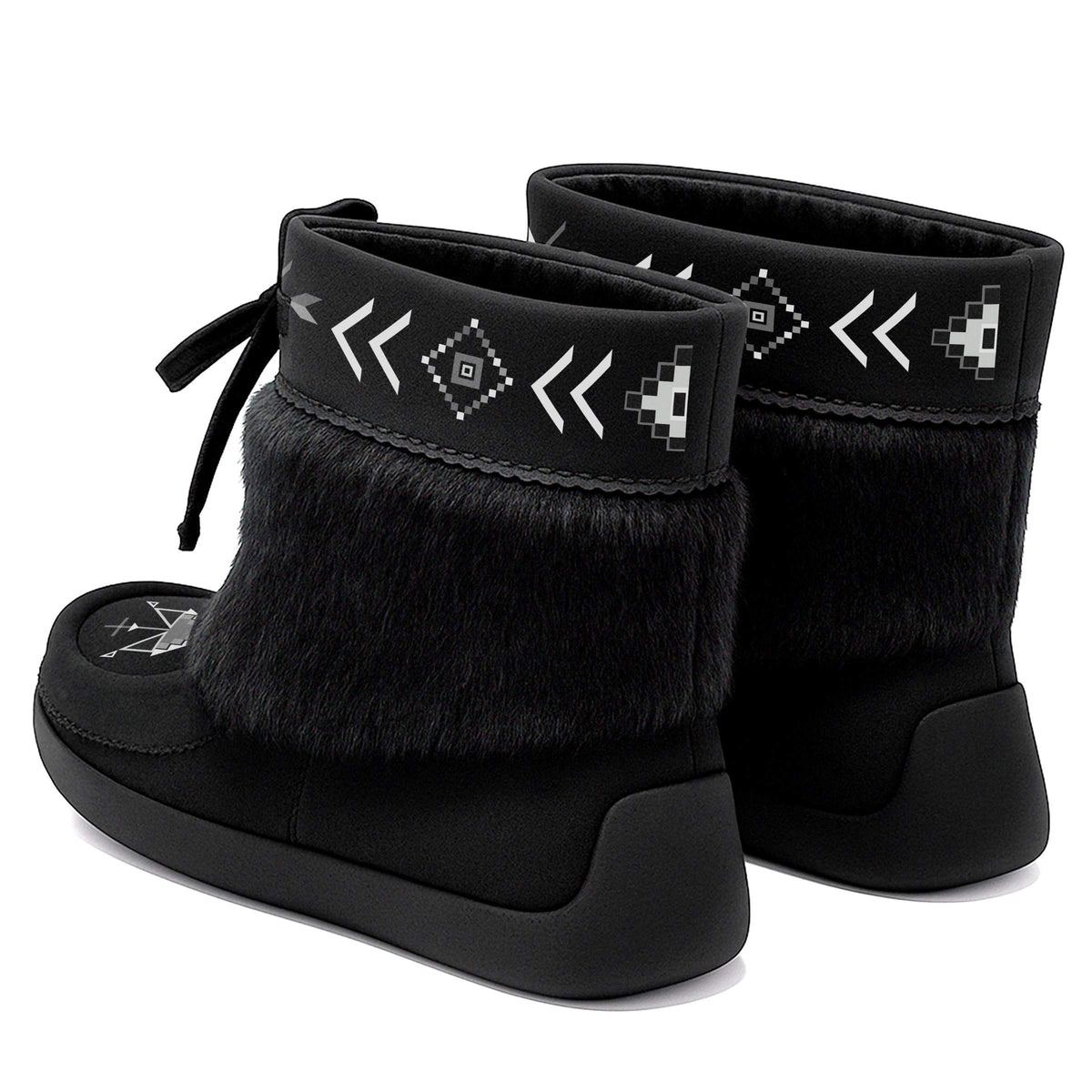 Owl Watcher Black Leather MocLux Ankle with Black Fur, back view of a pair with a cuff printed with white and grey geometric arrows and diamonds