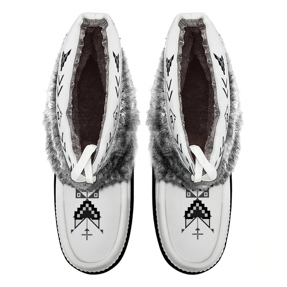 Owl Watcher White Leather MocLux Ankle with Grey Fur from above, sherpa lining, white ties and printed toe design