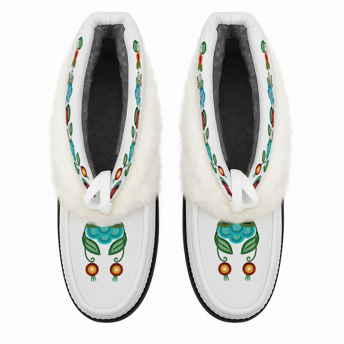 Prairie Fire Petals white ankle MocLux (white fur) from above, showing the plush lining and printed toes