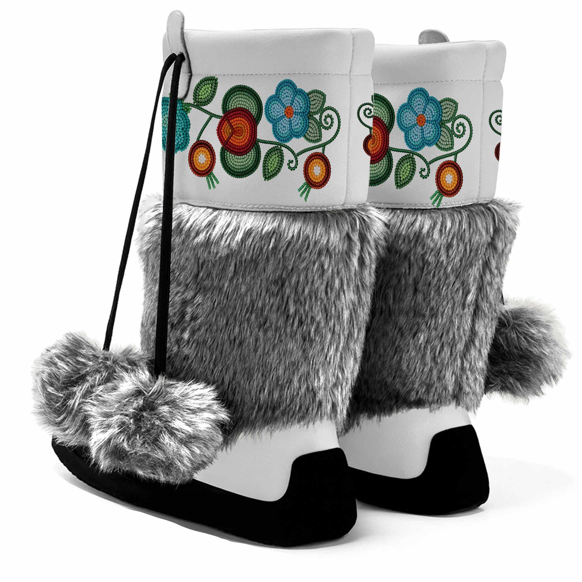 Prairie Fire Petals White Real Leather MocLux Calf with Grey Fur