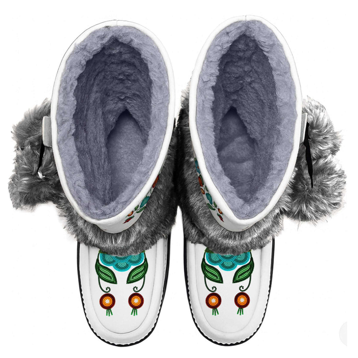 Prairie Fire Petals White Real Leather MocLux Calf with Grey Fur