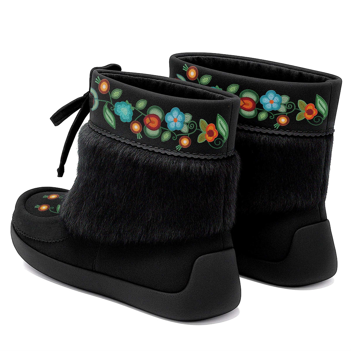 Prairie Fire Petal Black Leather MocLux Ankle with Black Fur, back view of a pair with a cuff printed with beadwork-style turquoise and orange flowers