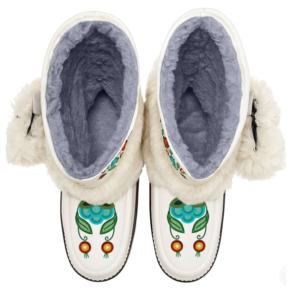 Prairie Fire Petals White Real Leather MocLux Calf with White Fur