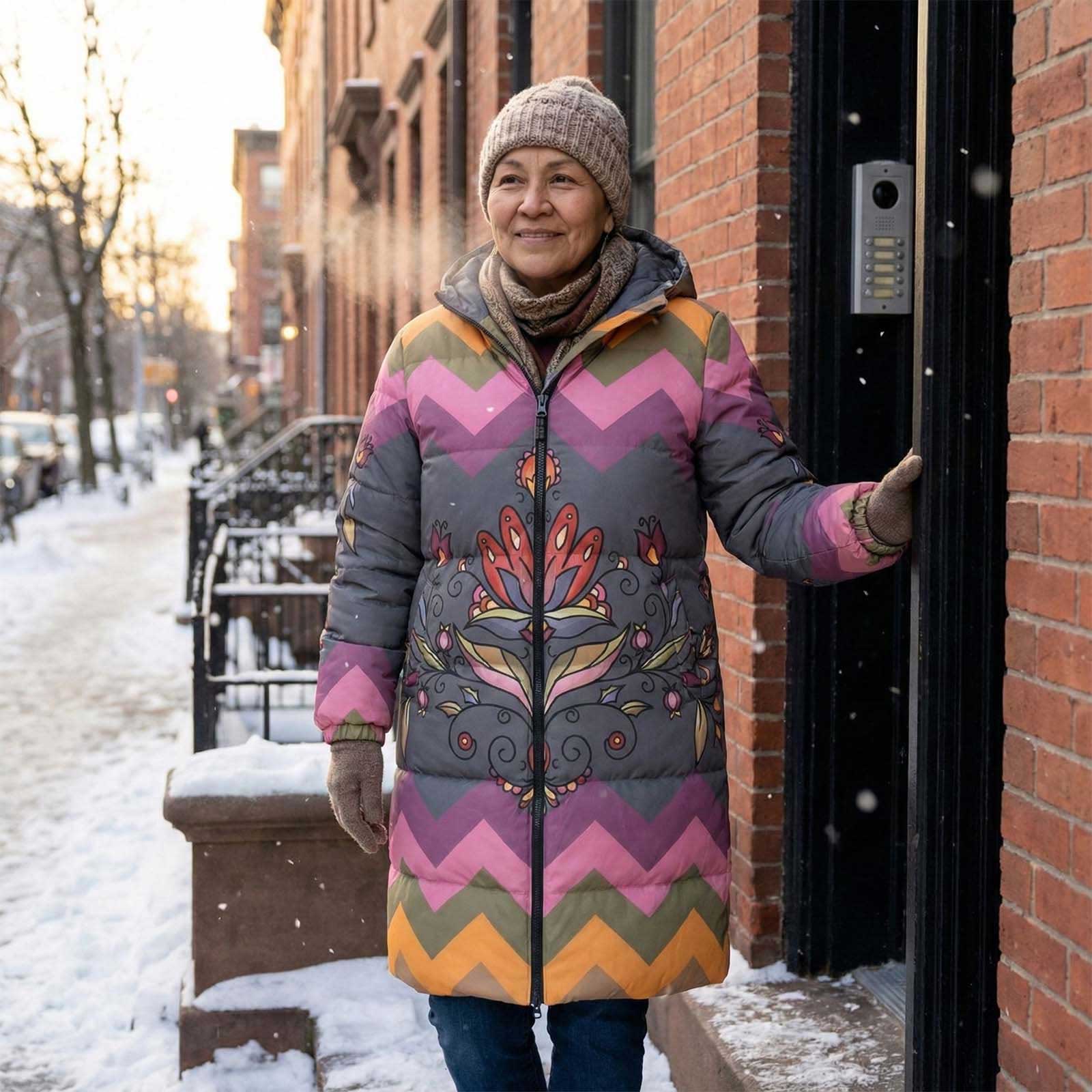 Red Willow Whispers Floral Unisex Long Down Jacket