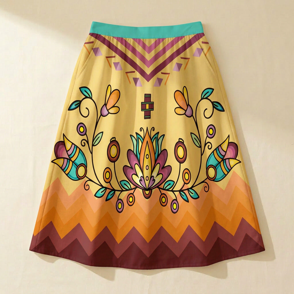 Roots and Rising Bright Elastic Waist Pocket Midi Skirt