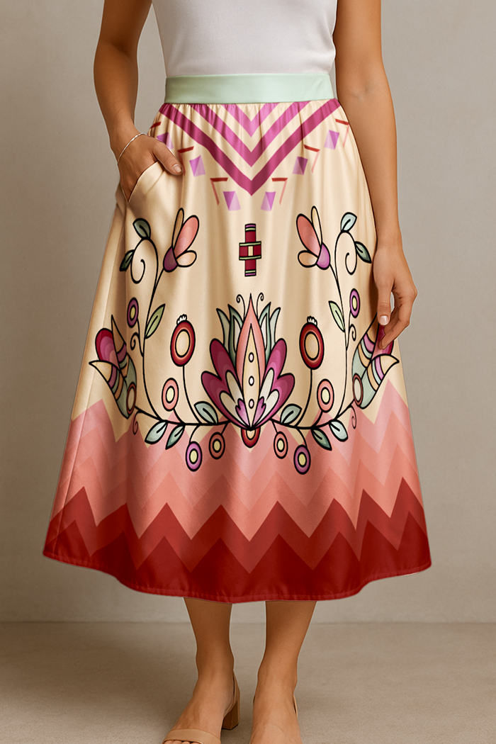 Roots and Rising Pastel Elastic Waist Pocket Midi Skirt