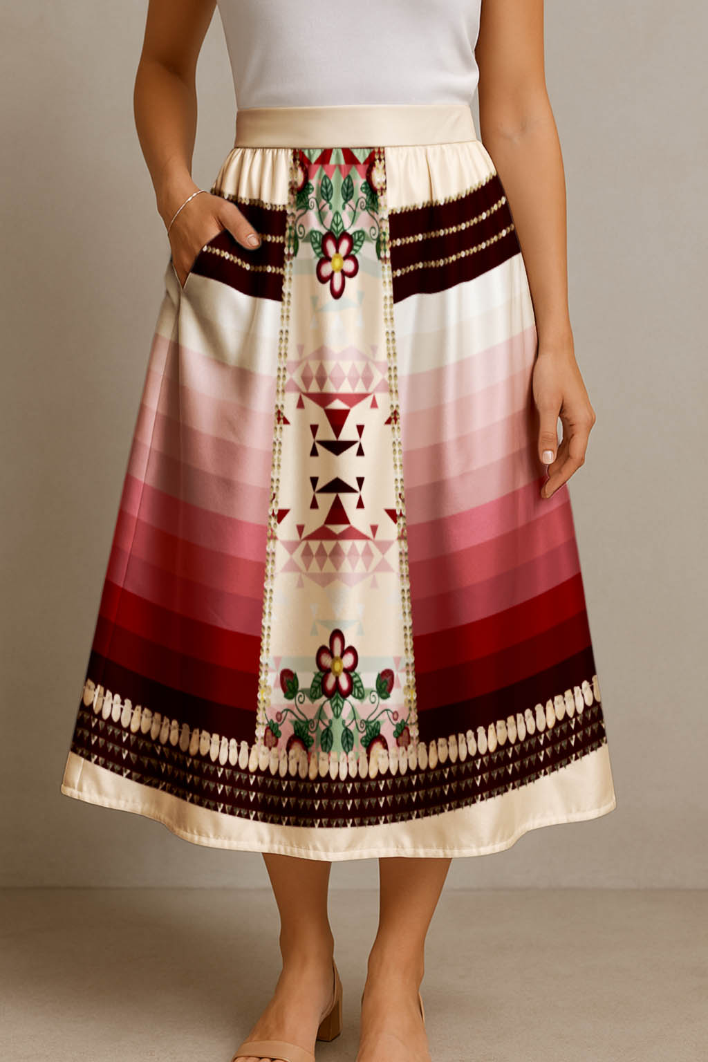 Sacred Strawberry Cream 2 Elastic Waist Pocket Midi Skirt