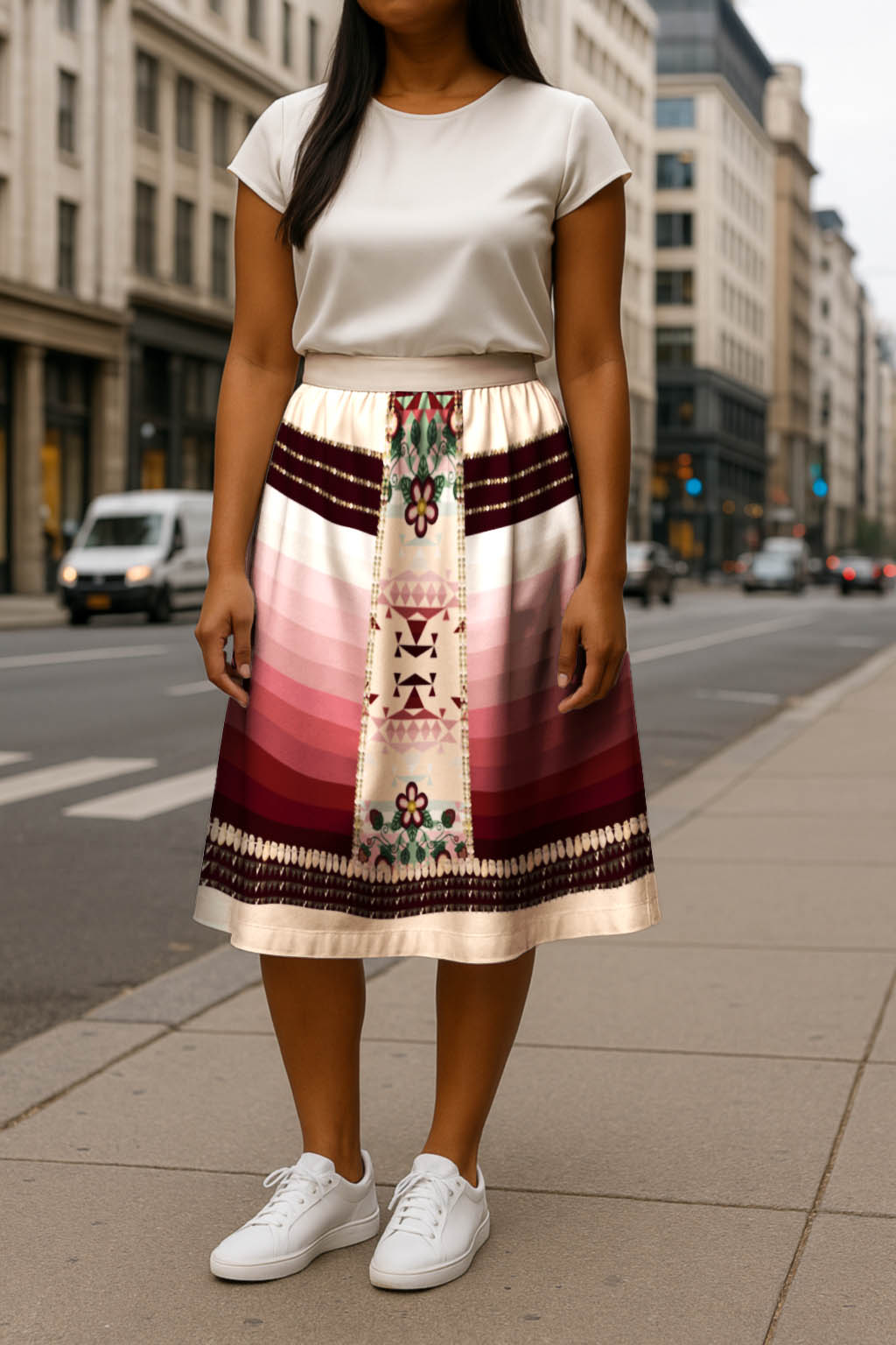 Sacred Strawberry Cream 2 Elastic Waist Pocket Midi Skirt