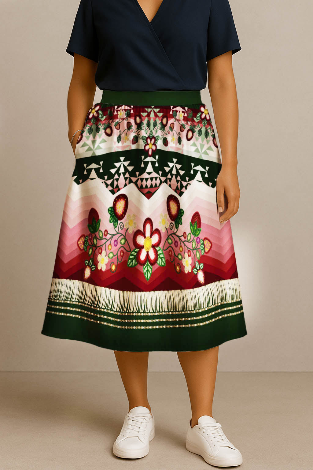 Sacred Strawberry Hunter 1 Elastic Waist Pocket Midi Skirt