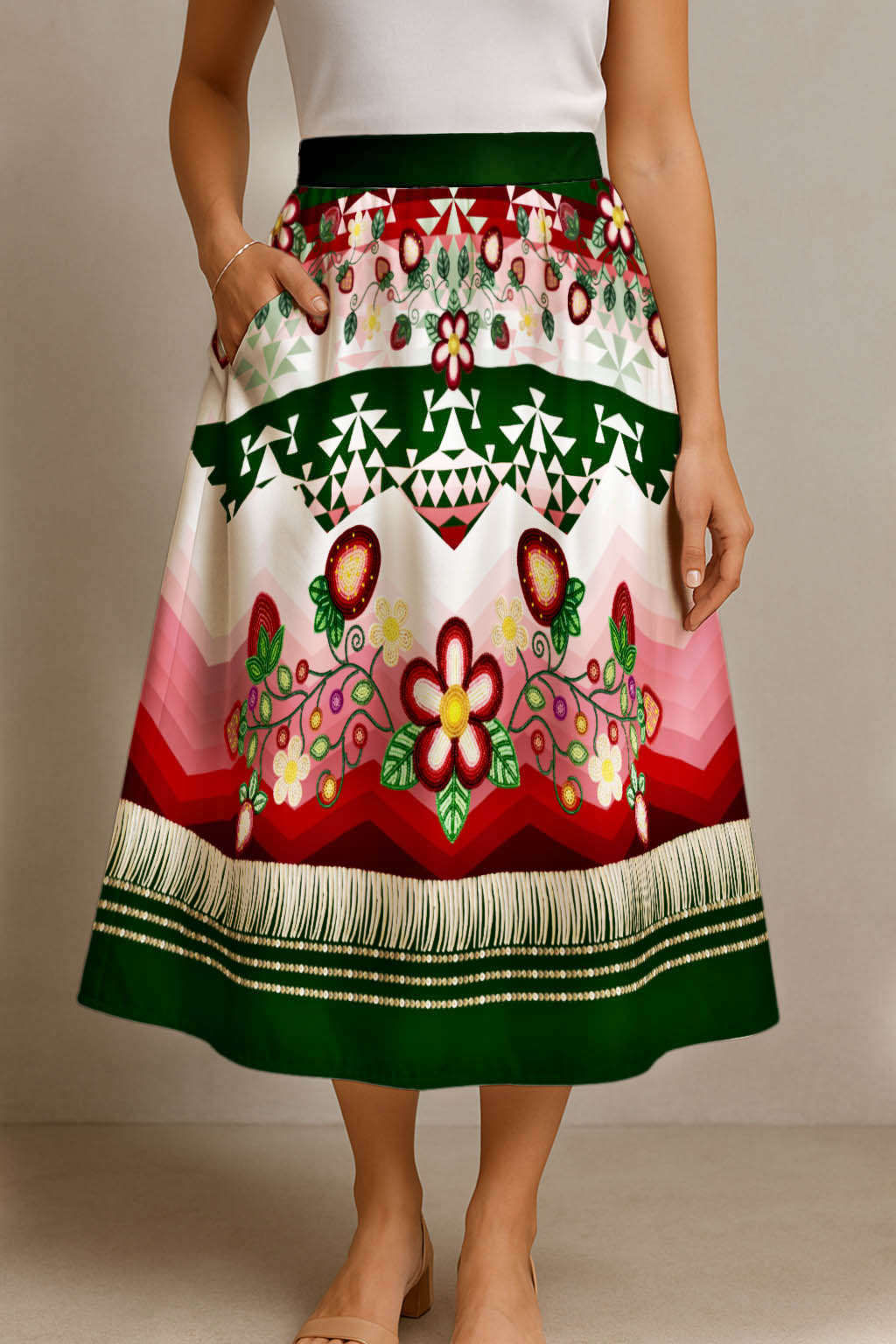 Sacred Strawberry Hunter 1 Elastic Waist Pocket Midi Skirt