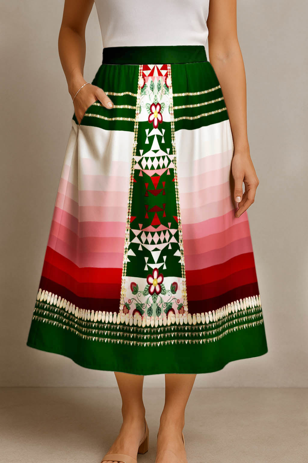 Sacred Strawberry Hunter 2 Elastic Waist Pocket Midi Skirt