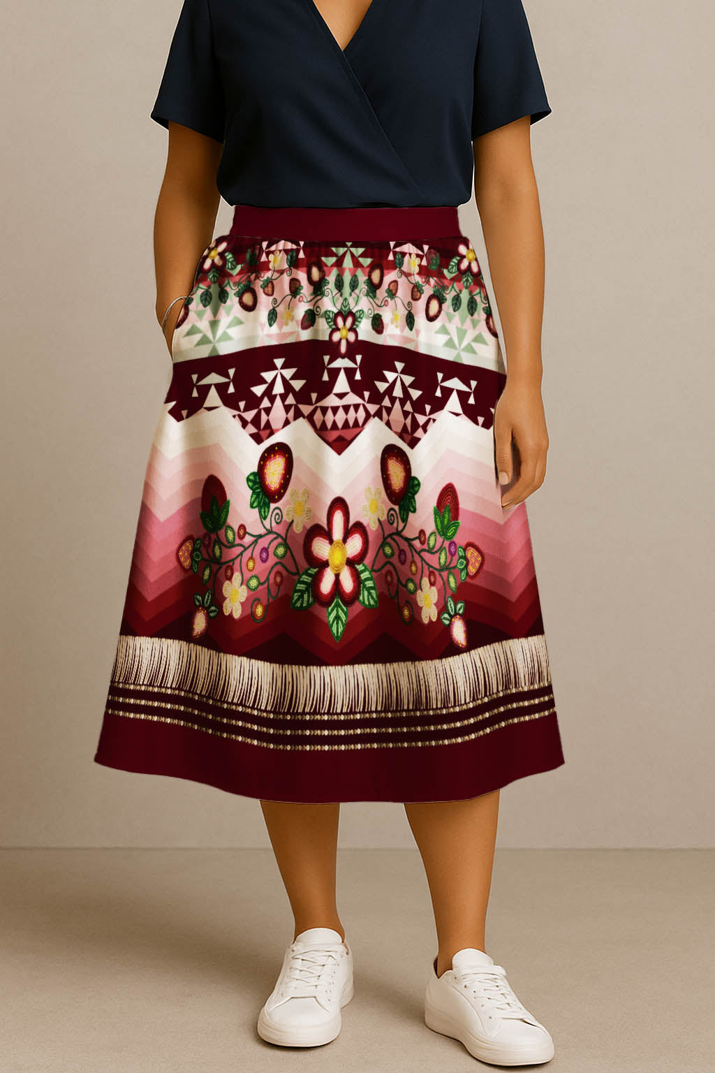 Sacred Strawberry Maroon 1 Elastic Waist Pocket Midi Skirt