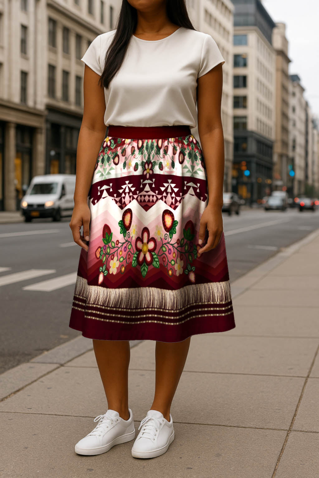 Sacred Strawberry Maroon 1 Elastic Waist Pocket Midi Skirt