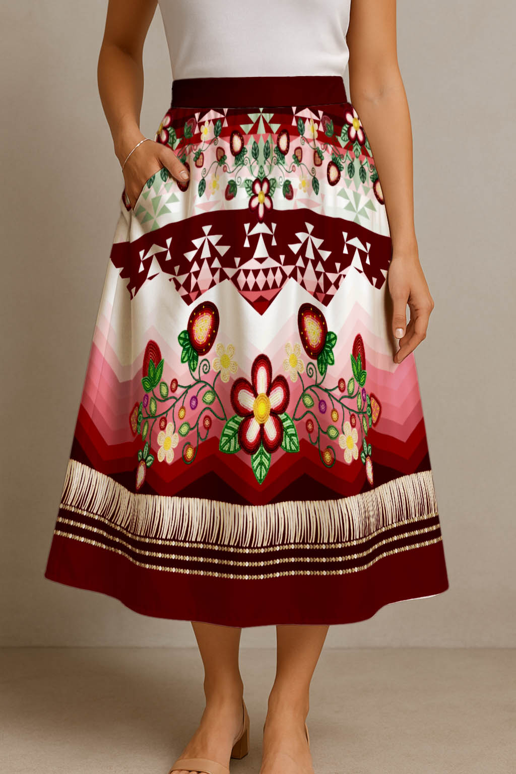 Sacred Strawberry Maroon 1 Elastic Waist Pocket Midi Skirt