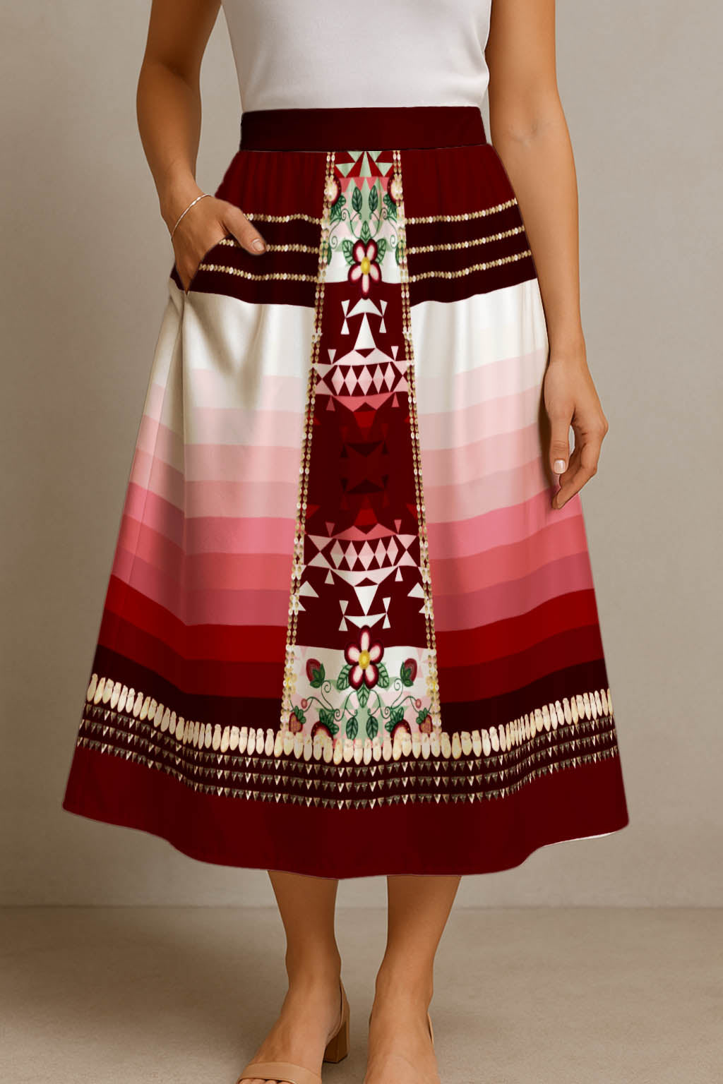 Sacred Strawberry Maroon 2 Elastic Waist Pocket Midi Skirt