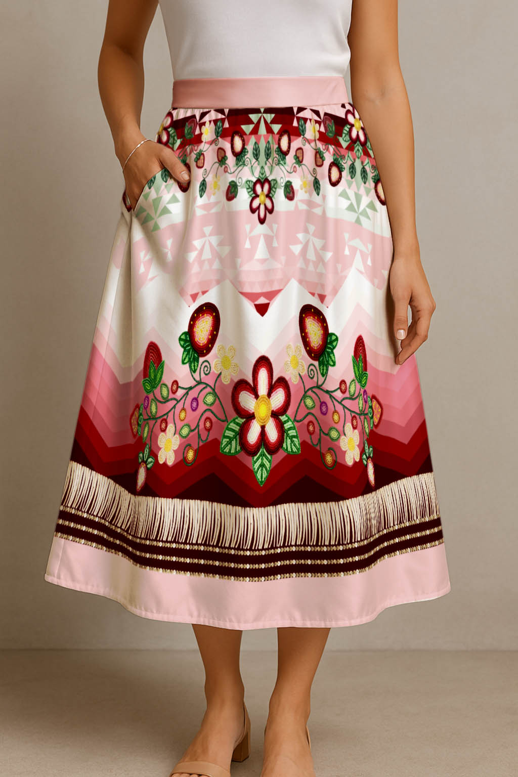 Sacred Strawberry Pink 1 Elastic Waist Pocket Midi Skirt