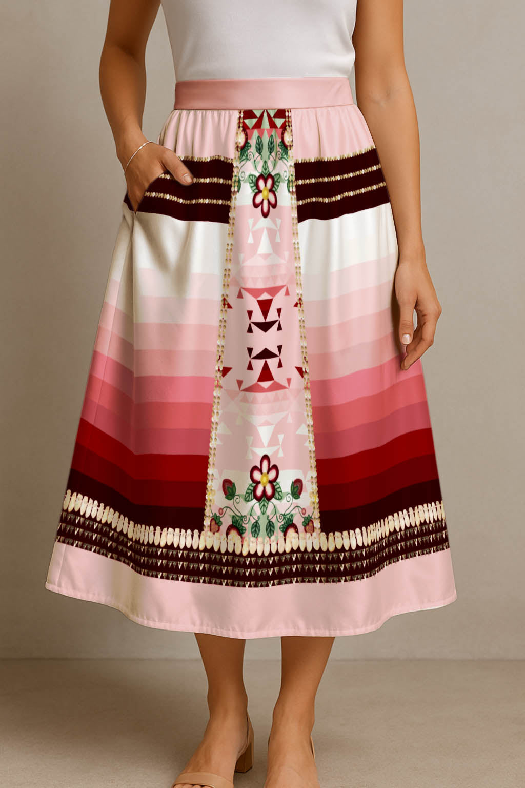 Sacred Strawberry Pink 2 Elastic Waist Pocket Midi Skirt
