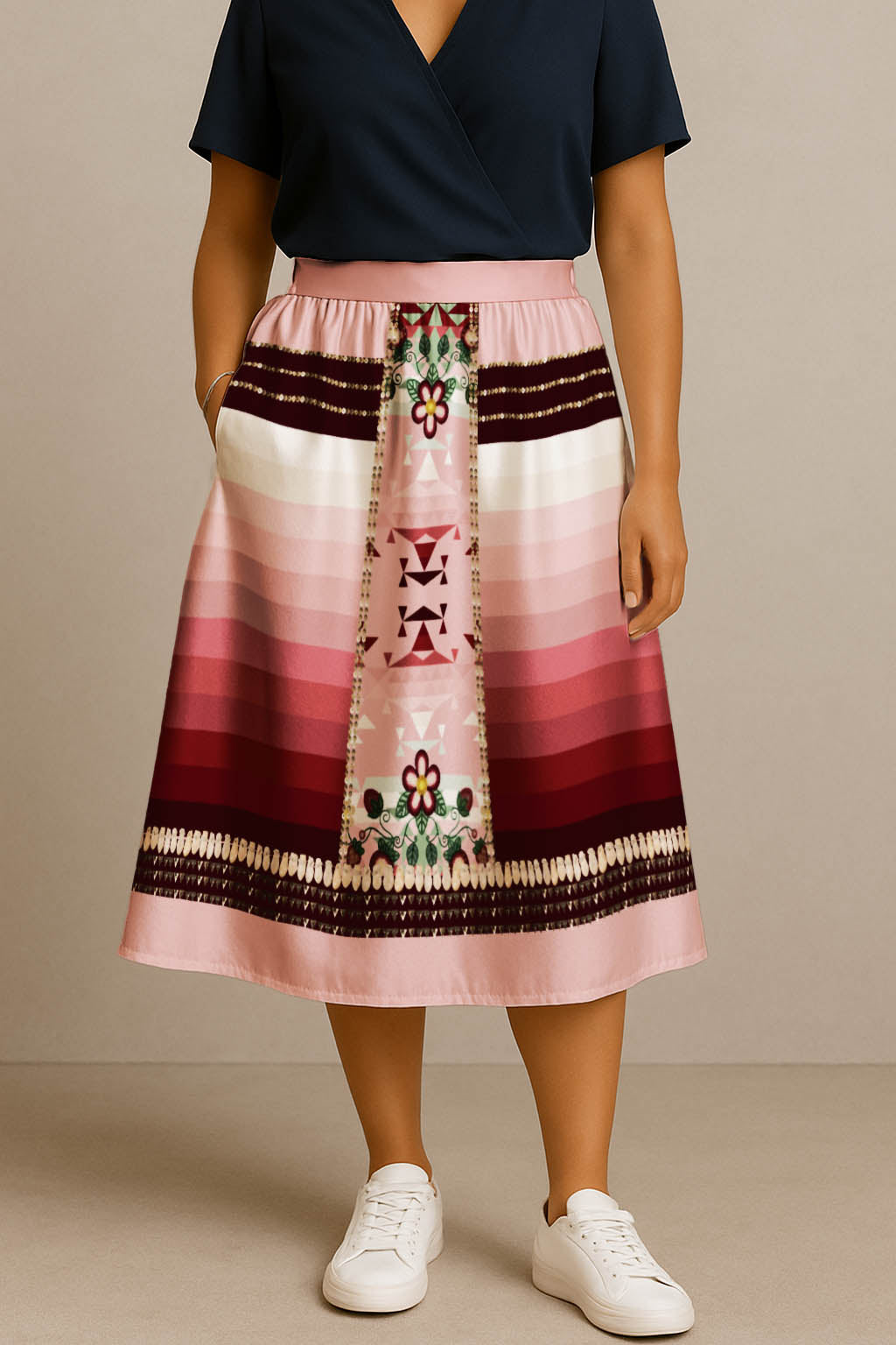 Sacred Strawberry Pink 2 Elastic Waist Pocket Midi Skirt