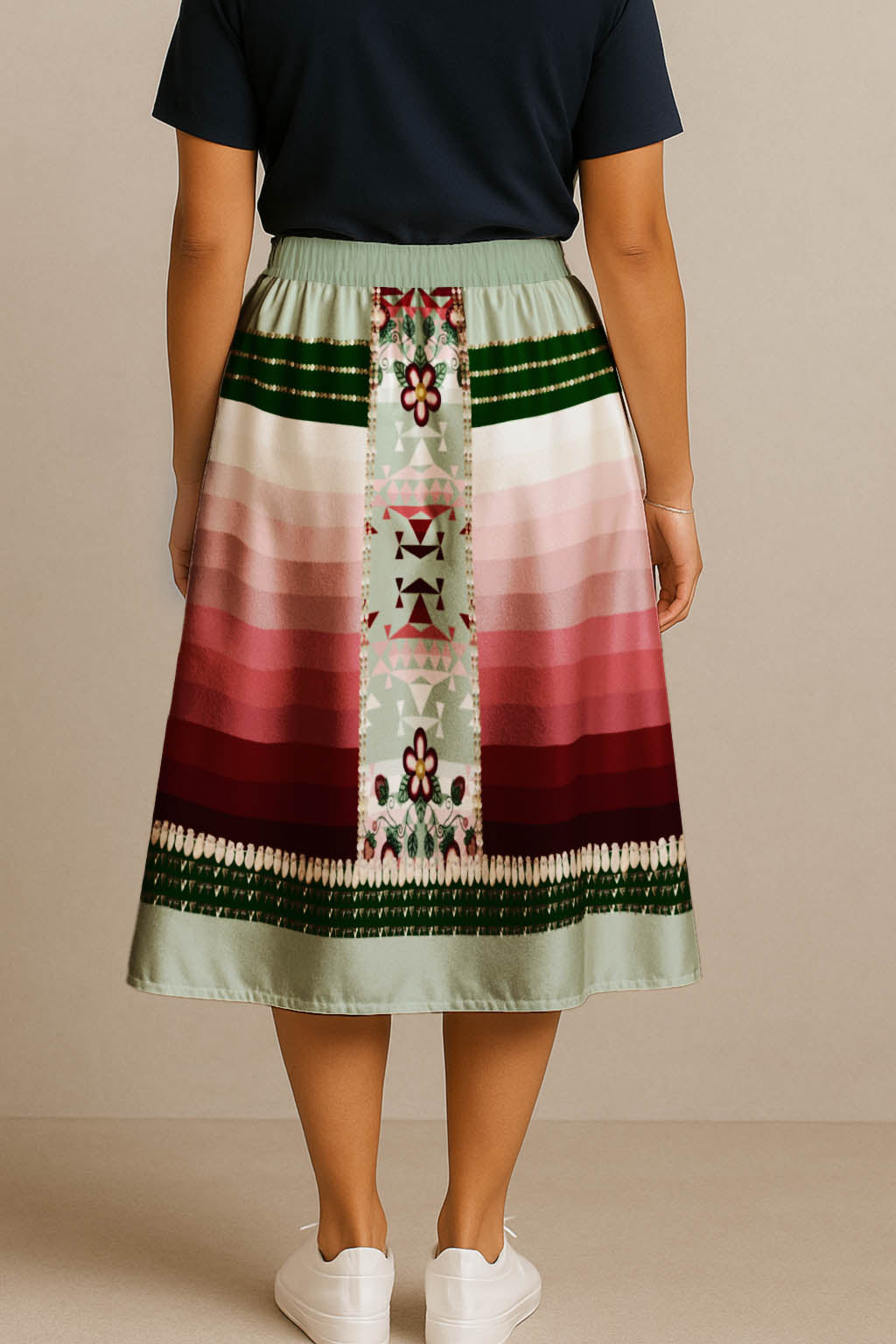 Sacred Strawberry Sage 2 Elastic Waist Pocket Midi Skirt