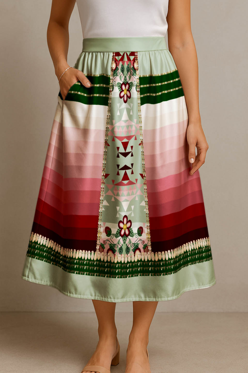 Sacred Strawberry Sage 2 Elastic Waist Pocket Midi Skirt