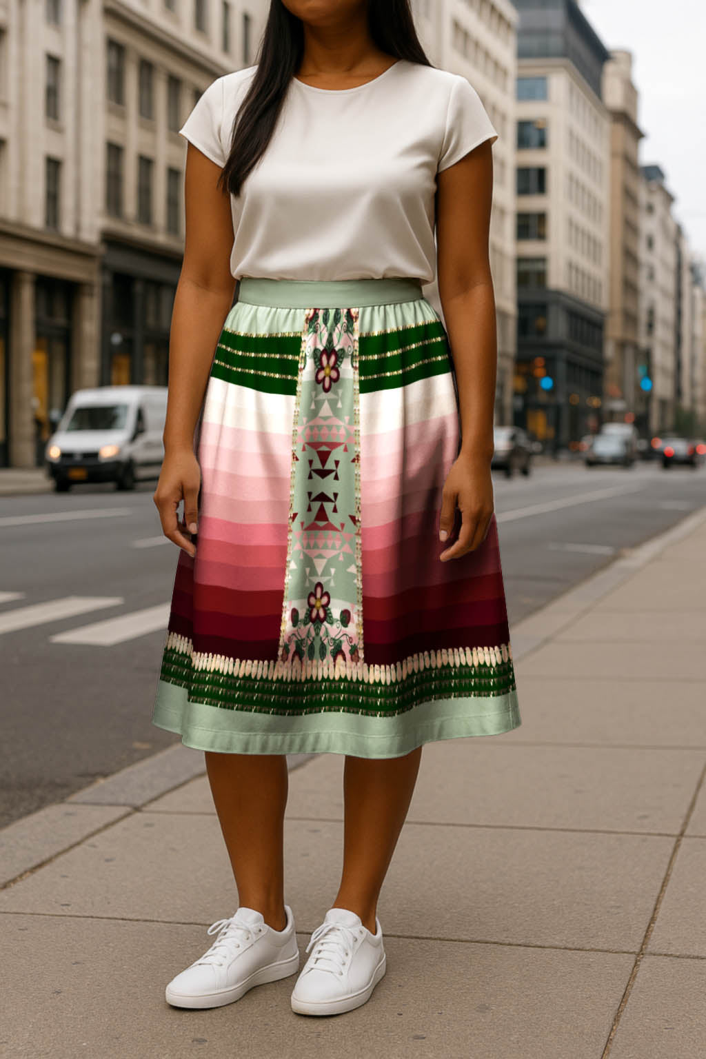 Sacred Strawberry Sage 2 Elastic Waist Pocket Midi Skirt