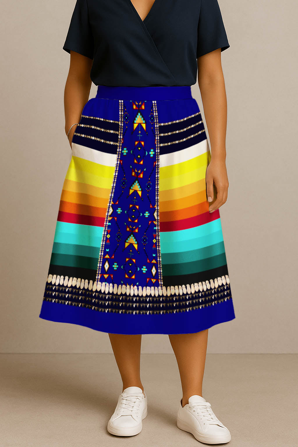 Sentinel of the Plains Navy 2 Elastic Waist Pocket Midi Skirt
