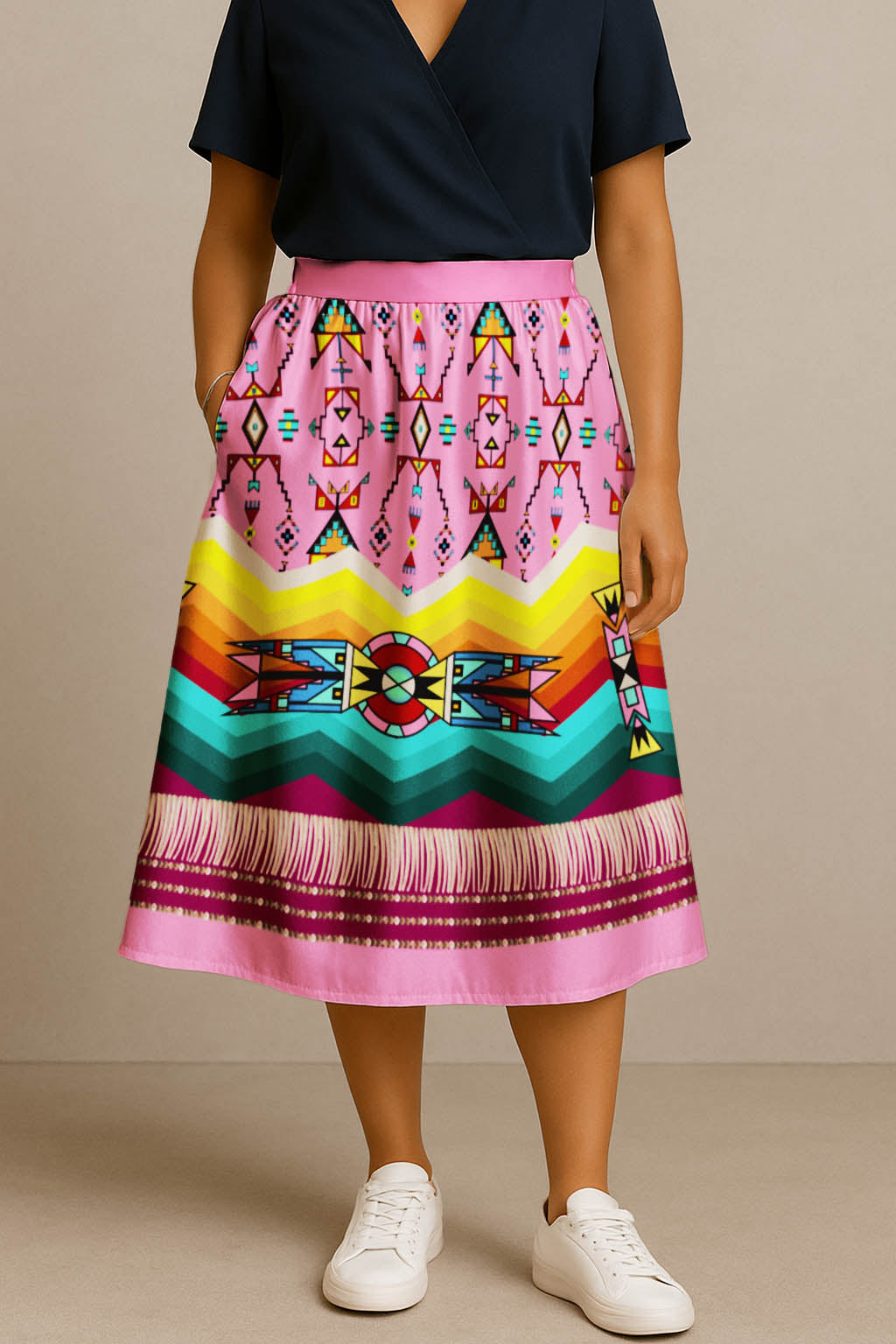Sentinel of the Plains Pink 1 Elastic Waist Pocket Midi Skirt